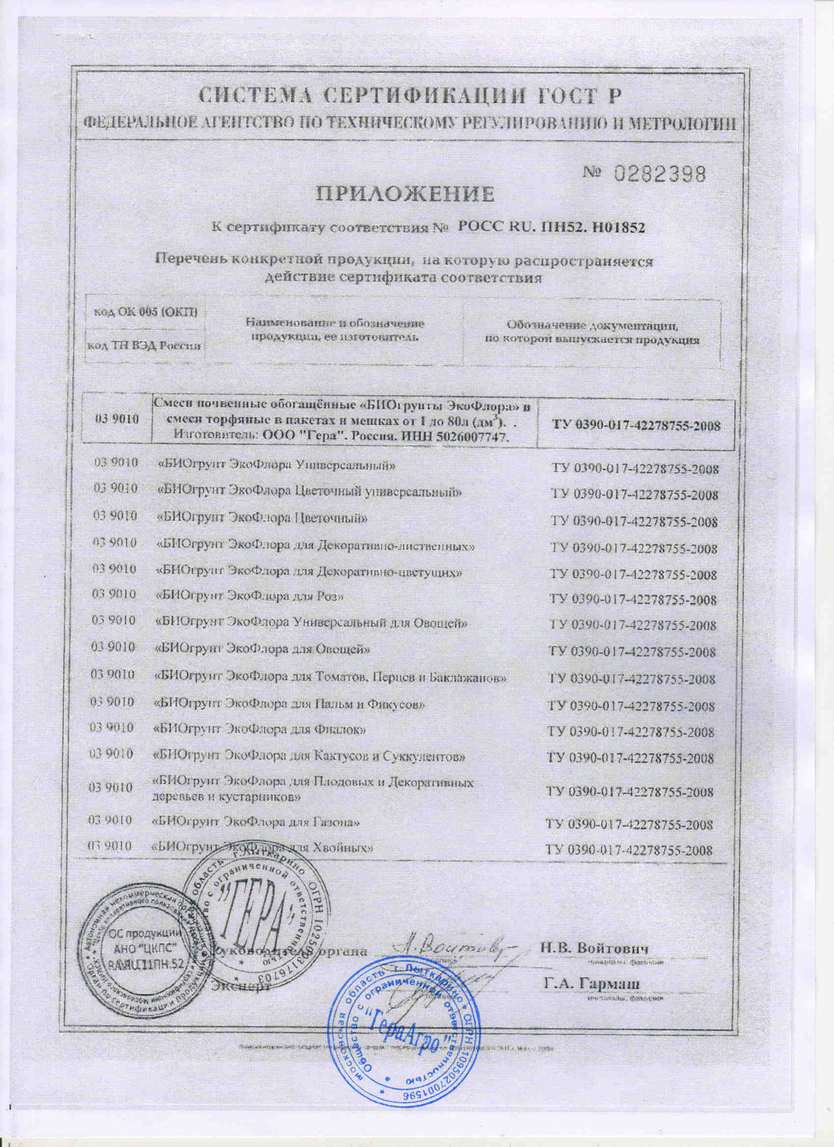Гера Биогрунты Сертификат (Приложенте 1/2)